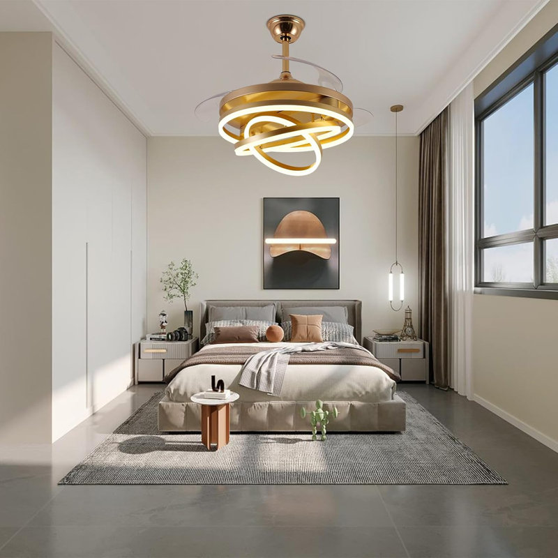 42" Invisible LED Ceiling Fans, Modern Chandelier Ceiling Fan With Remote Silent DC Motor Fuction Retractable Ceiling Fan For Bedroom Dining Room（Gold）
