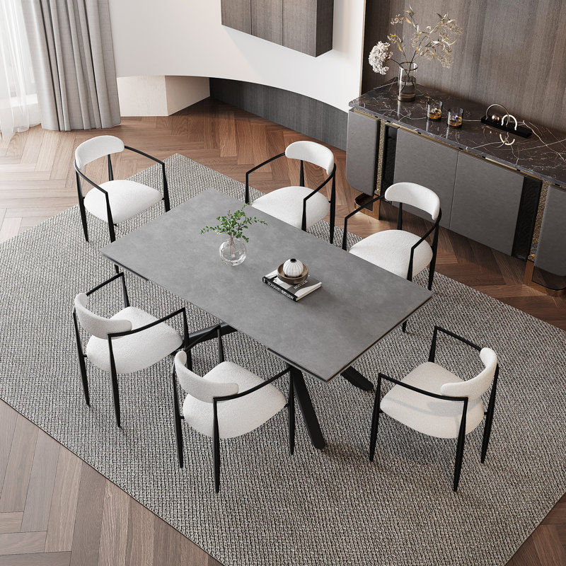 Louina 70.8" to 102.3" Extendable Rectangular Dining Table with Fabric Chairs Dining Set, Gray, White/Black, 11