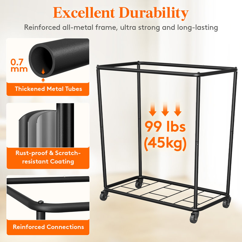 165l Laundry Basket With Wheels, Large Heavy Duty Commercial Rolling Laundry Hamper With Handles, Tall Steel Frame Laundry Cart For Laundry Room Bedroom Hotel Home Dorm