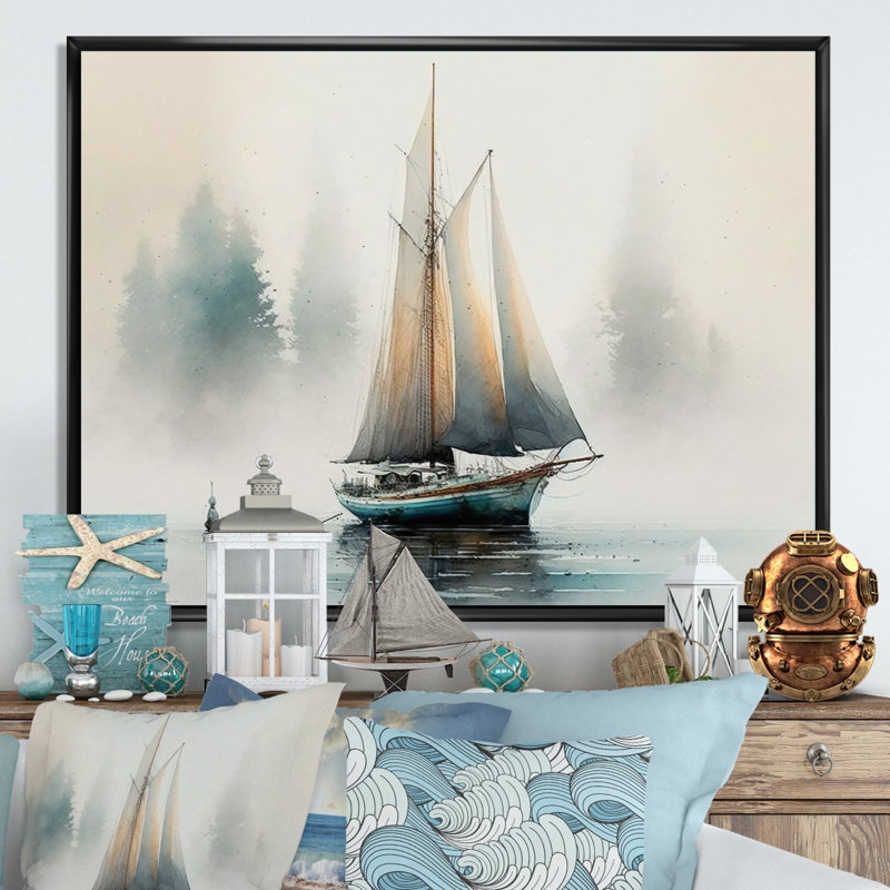 Sailboat Anchored - Print on Canvas, 30" H x 40" W x 1.5" D, Black Floater Framed