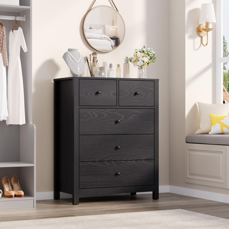 5 Drawer Modern Dresser with Metal Knobs, 37" Tall Wooden Storage Chest for Bedroom Hallway Entryway, Black