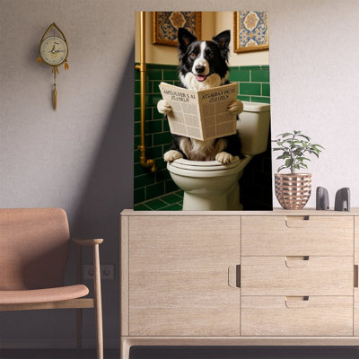 Canvas Wall Art Funny Border Collie Canvas Print – Bathroom Toilet Humor Art Vintage Poster Print Home Decor