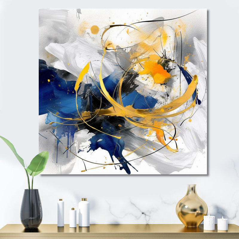 «Dark Blue and Gold Strokes», reproduction sur toile encadrée, H 36 po x l 36 po, Sans cadre, Toile tendue