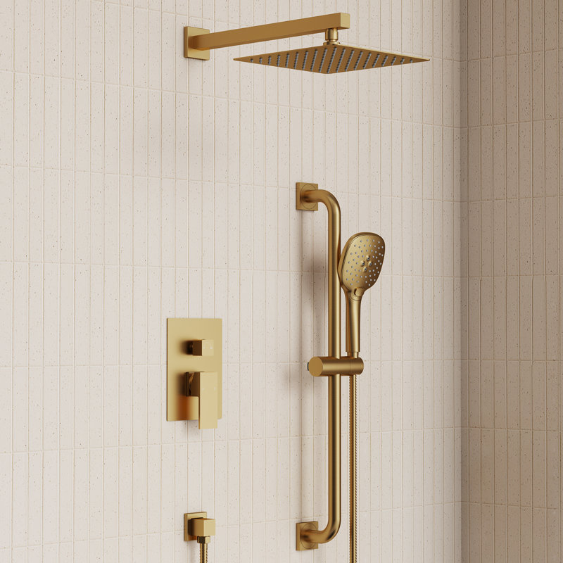 10" Pressure-Balanced Rain Shower System with 3-Function Handheld Shower and Adjustable Slide Bar, Brushed Gold
