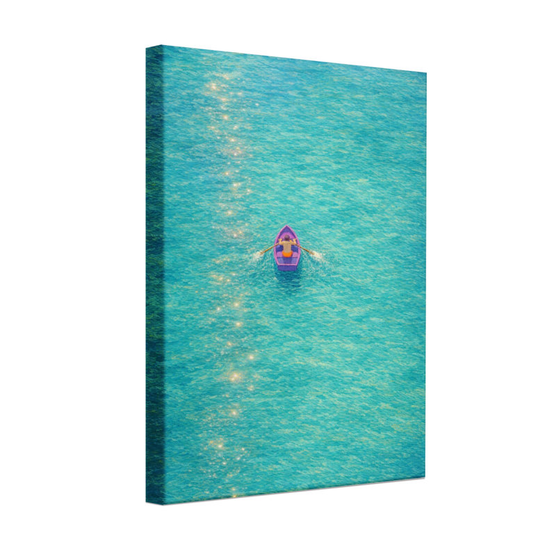 Scénique et paysage urbain flottant sur une eau turquoise calme avec des reflets de soleil, H 24 po x l 16 po