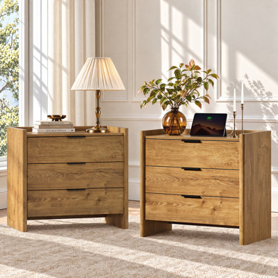 Table de chevet moderne à 3 tiroirs de 70 cm de large avec station de recharge, pour chambre ou salon (ensemble de 2)