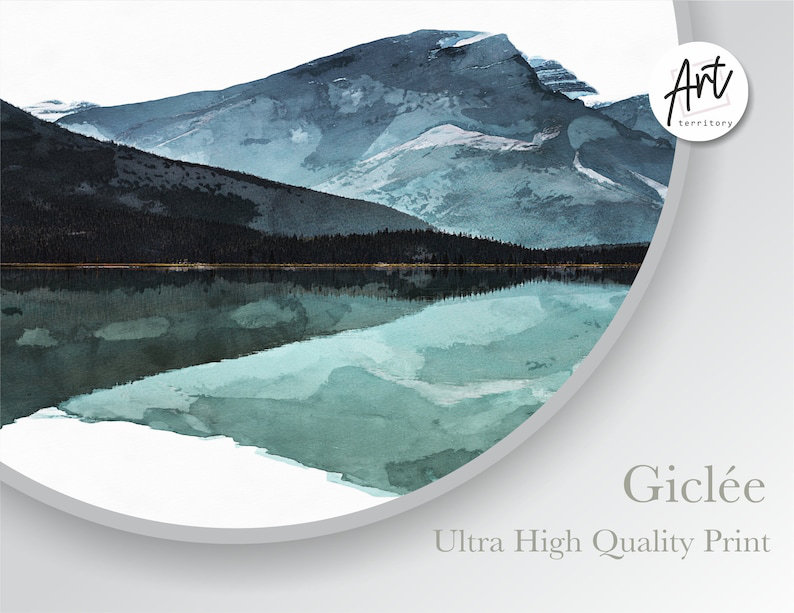 Vue panoramique sur la vallée de la montagne verte et bleue, reproduction d'art à l'aquarelle, Misty Rolling Hills