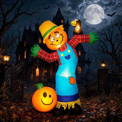 Décoration extérieure d'Halloween et de Thanksgiving : épouvantail citrouille gonflable de 1,8 m avec 7 DEL - Polyester résistant aux intempéries, piquets de sol inclus et installation rapide pour cour, jardin ou porche