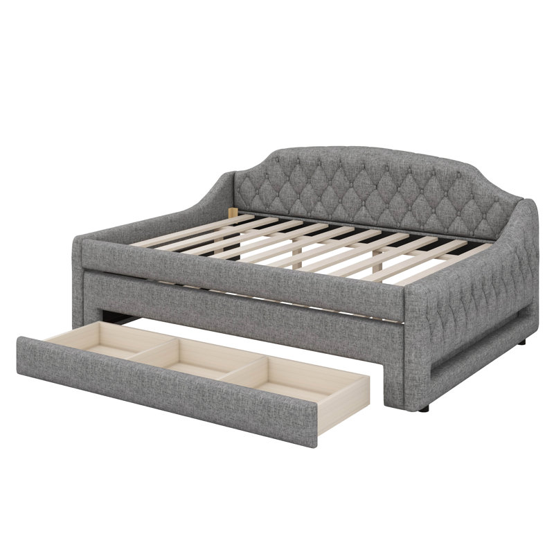 Upholstered Daybed With Trundle, Storage Drawers & LED Belt, Corner Bed Frame With Headboard, Gray