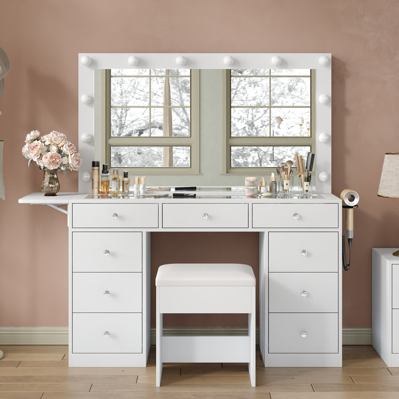 Makeup Vanity with Mirror and Lights, 3 Lighting Modes,Vanity Desk with Power Outlet ,9 Drawers Makeup Table with Chair, Glass Top vanity set