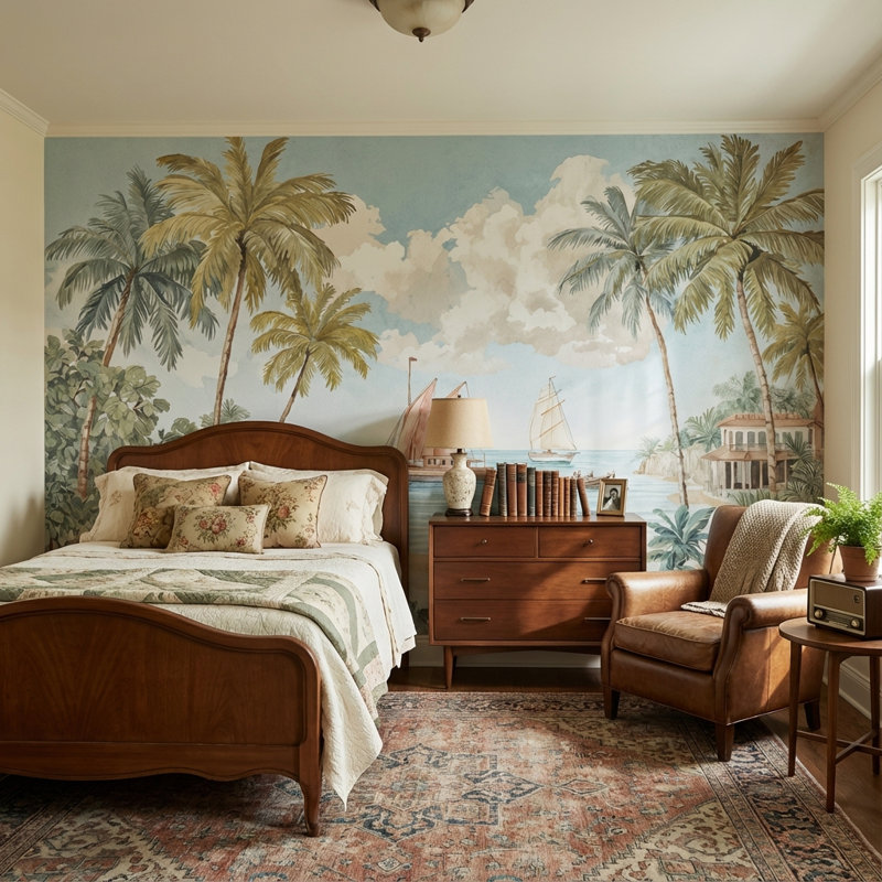 Papier peint tropical rétro avec palmiers, 160"x108", Peler et coller