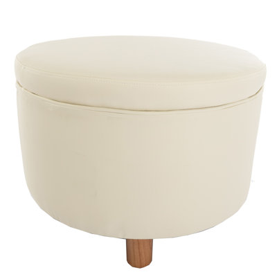 Classic Round Storage Ottoman Footstool With Removable Lid, Upholstered Faux Leather/Fabric, Wooden Legs For Living Room & Bedroom by George Oliver