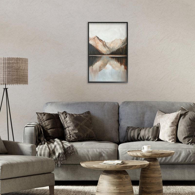 «Rustic Mountain Reflecting Lake», estampe numérique par Petal Prints Design, H 18 po x l 12 po, Giclée encadrée noir minuit