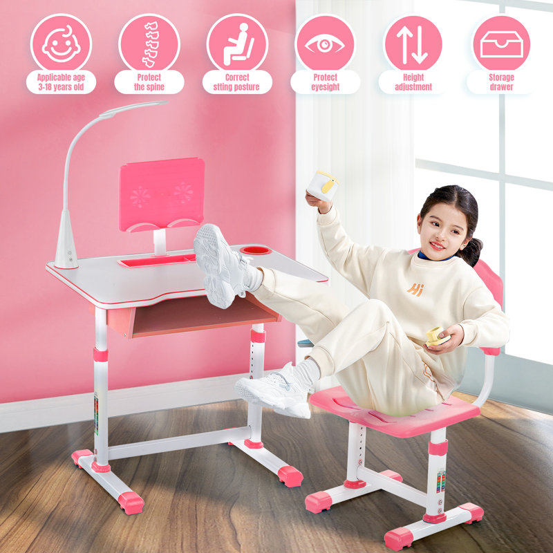 Ensemble de bureau et de chaise pour enfants, bureau d'étude pour enfants ergonomique à hauteur réglable avec bureau incliné, bibliothèque, éclairage à DEL et tiroir de rangement