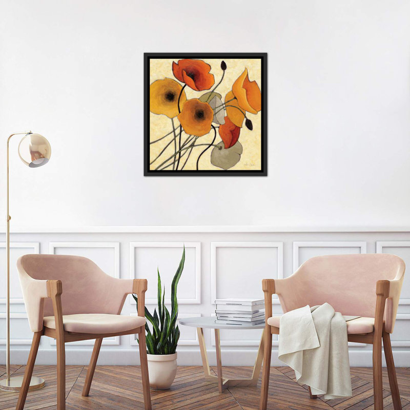 " Pumpkin Poppies II " by Shirley Novak, 26" H x 26" W x 1.5" D, Distressed Black Floater Framed
