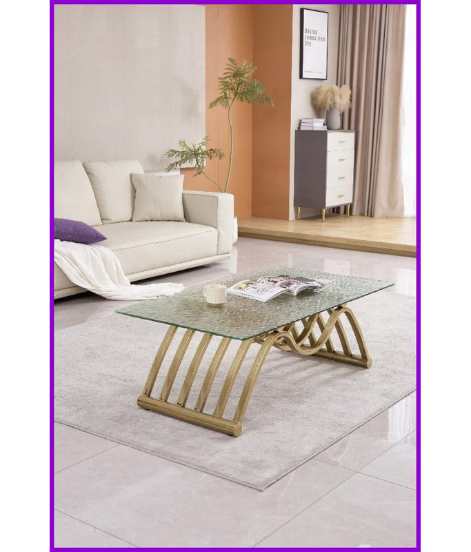 Table basse rectangulaire 47 po en acier inoxydable - verre ondulé, doré, tablette inférieure peu encombrante Facile à nettoyer