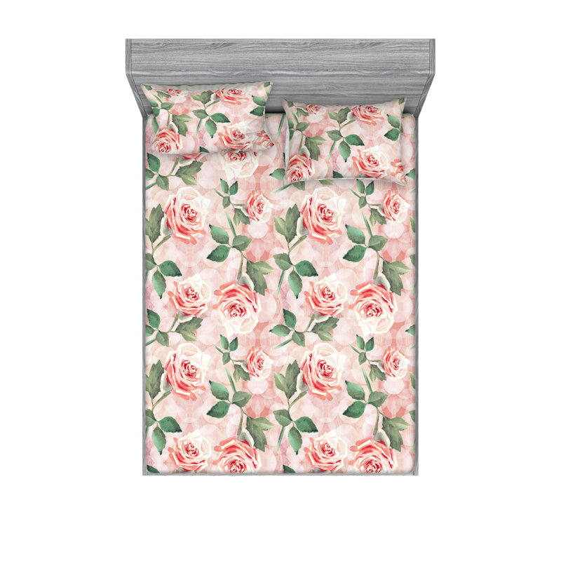 Drap-housse et taies décoratives 3 pièces Ambesonne, Rose pâle, vert réséda / floral 1
