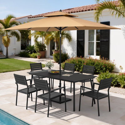 Ensemble repas pour 6 personnes en aluminium avec chaises empilables, parasol de patio et base lestée
