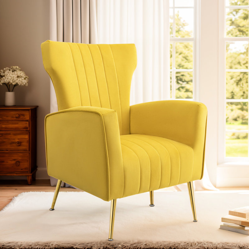 Chaise rembourrée en velours avec dossier à oreilles - pieds dorés, jaune, 1 siège pour différentes pièces