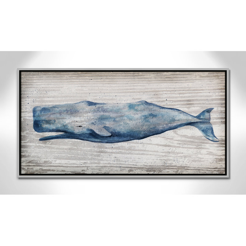 Baleine bleue Brannen - reproduction de cadre photo, H 19,5 po x l 37,5 po, Toile avec cadre flottant, Argent argent