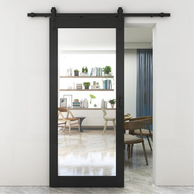 36 po X 84 po Porte de grange coulissante en MDF noir avec miroir et ensemble de quincaillerie et poignée de porte