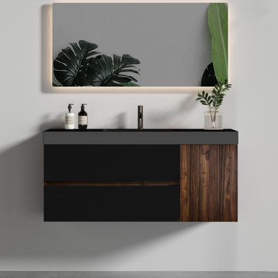 48" Walnut Bathroom Vanity With Matt Black Engineered Quartz Sink, 1 Door 2 Drawers, E0 Lacquer For Water Resistance, Hidden Handle Protection Modern In And Black, Wall Mounted, - Based Lacquer, U