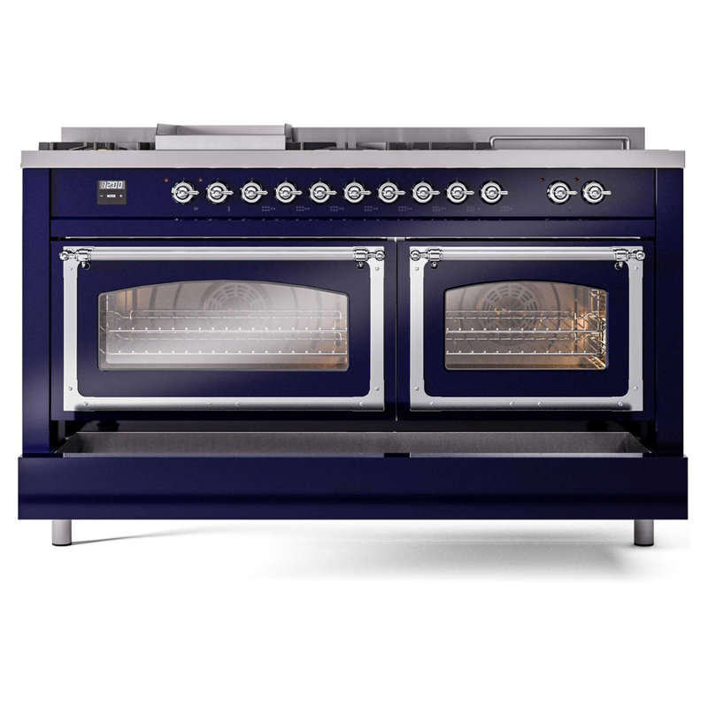 ILVE Nostalgie II Noblesse 60 po à 2 brûleurs, plaque chauffante, plaque de cuisson française, Bleu de minuit / chrome