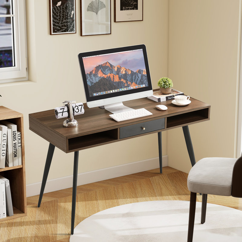 Mid-Century Modern Writing Desk With Drawer And Usb Ports&Power Outlet, Walnut