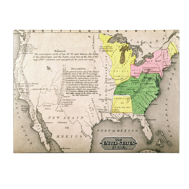 "Carte des États-Unis en 1803", reproduction d'art sur toile tendue, H 16 po x l 24 po x P 2 po