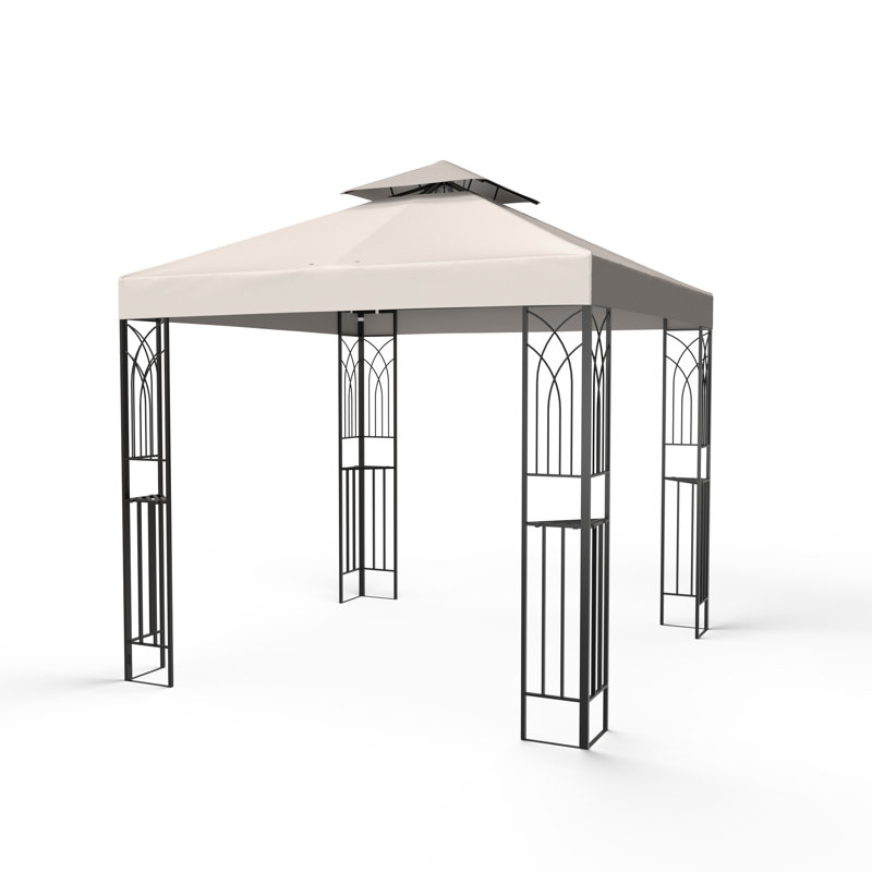 Beige Powder Coated Steel Patio Gazebo with Double Roof