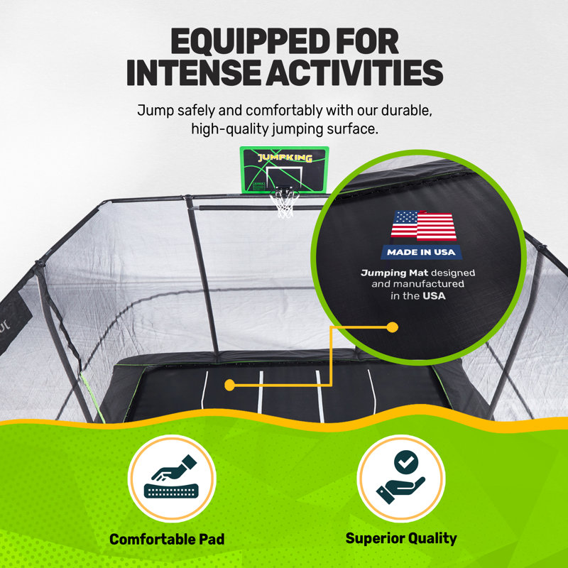 Black Rectangular Steel Trampoline with Enclosure and Basketball Hoop