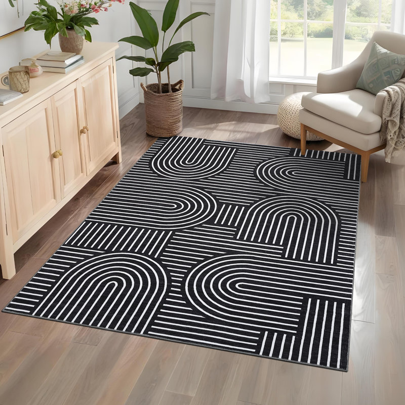 Modern Rainbow Striped Machine Washable Rug Stain Resistant Easy Cleaning Indoor Carpet With Non-Slip Backing Low Pile Floor Cover Non Shedding Folding Rug