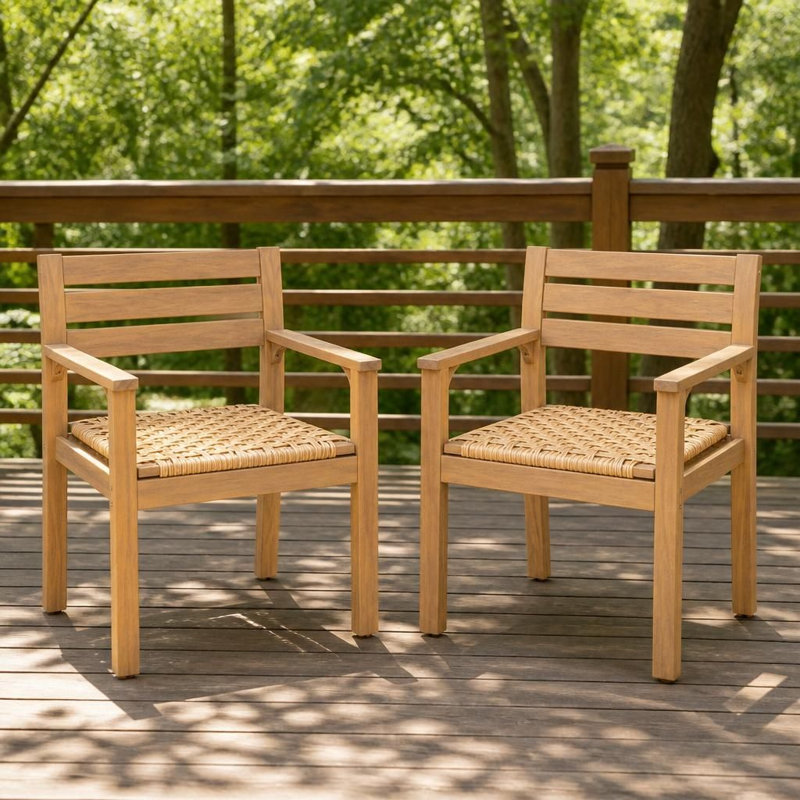 Ensemble de 2 chaises de salle à manger d'extérieur en bois d'acacia avec sièges tissés, fauteuils de patio rustiques et sièges d'extérieur robustes et résistants aux intempéries