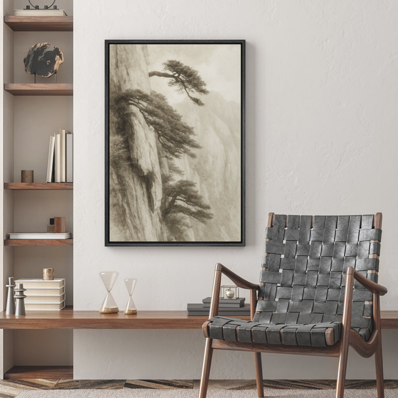«Pine Trees on Cliffside», art mural - Paysage monochrome de style chinois, décor encadré de montagne brumeuse pour un décor zen ou minimaliste