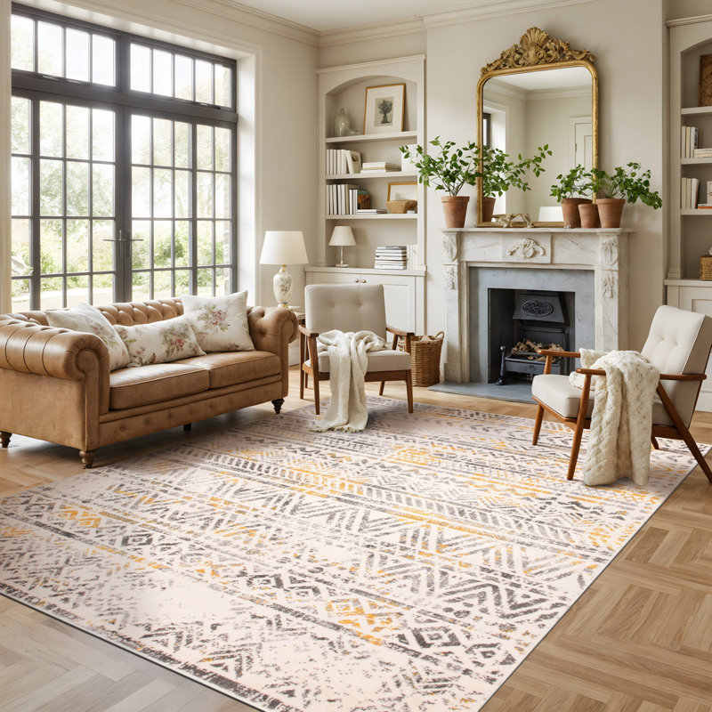 Tapis géométrique gris / jaune / ivoire, Rectangle 7 pi 10 po x 10 pi