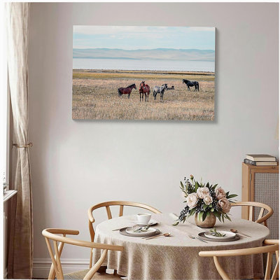 Horse Framed Wall Art Decor: Country Western Farmhouse Wood Painting Vintage Farm Painting Wild Animals Walking on Sprawling Grassland Rustic Artwork for Living Room 24*36 inch
