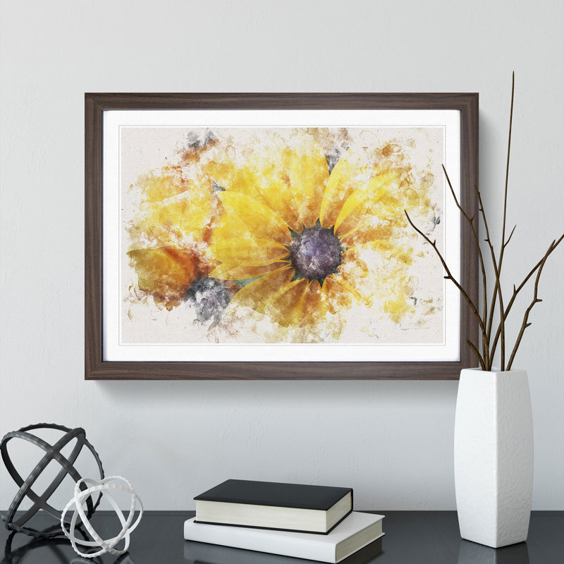 Yellow Coneflowers Watercolour - Picture Frame Graphic Art, Walnut, 62cm H x 87cm W x 2cm D