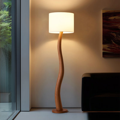 White+Brown Linen+Solid Wood Free Form Floor Lamps
