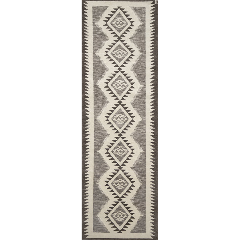Mesa Hand Knotted Wool Southwestern Area Rug in Ivory/Heathered Gray/Dark Gray, Runner 3' x 10'
