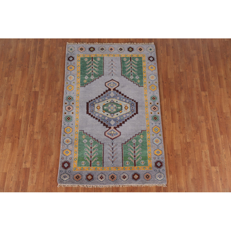 Tapis traditionnel indien gris et bleu en laine 4 x 7