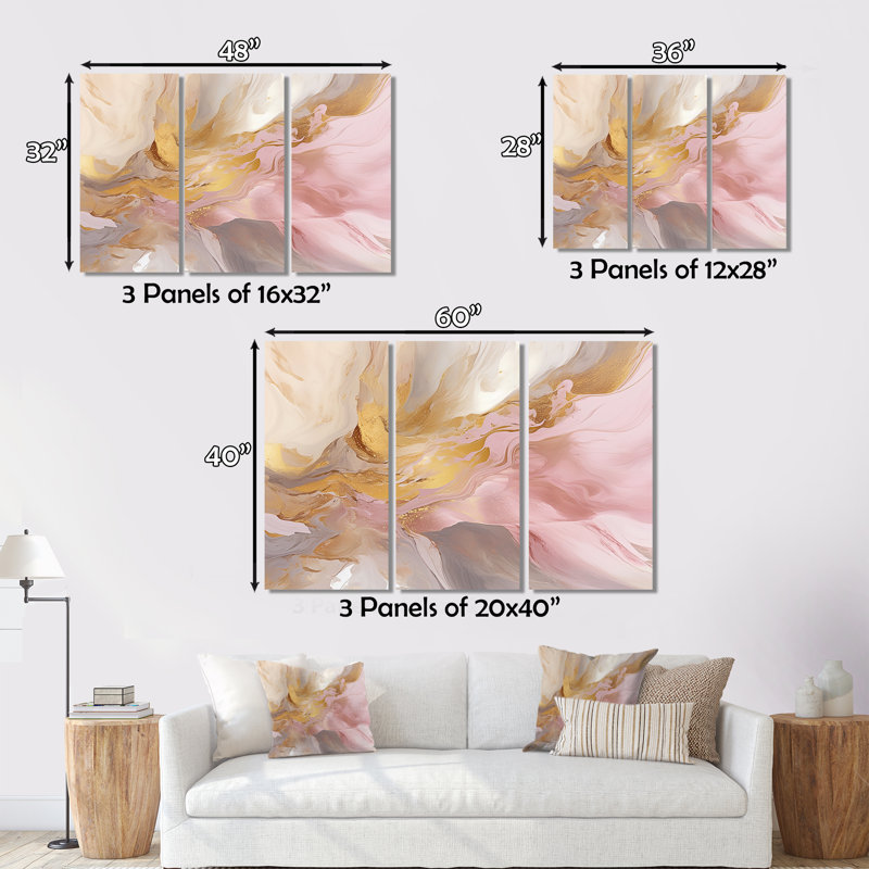 Exquis symphonie abstraite rose et pastel doré sur toile, 3 pièces, H 28 po x l 36 po x P 1 po