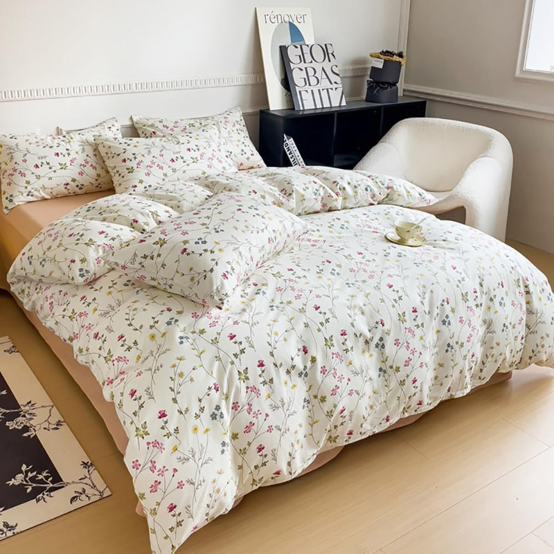 Nayoroom Botanical Floral Beige Pink Flower Duvet Cover Vintage Style Soft 100% Cotton Duvet Cover Set