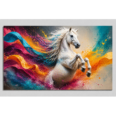 Large White Horse Abstract Wall Art Canvas Print, Vibrant Color Splash Equestrian Painting, Modern Decor for Living Room Bedroom Office 24x36 Inch Canvas Print - Ready to hang