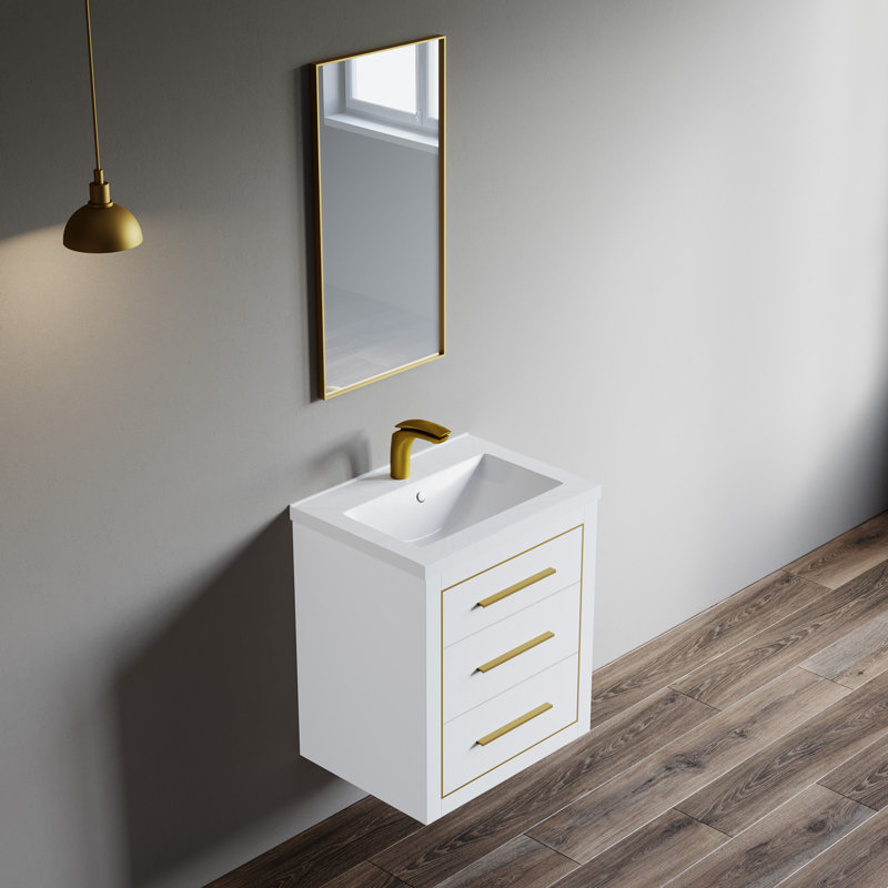 Ensemble de meuble-lavabo simple 24 po, gris anthracite, garniture laiton, flottant seulement, Blanc, Laiton