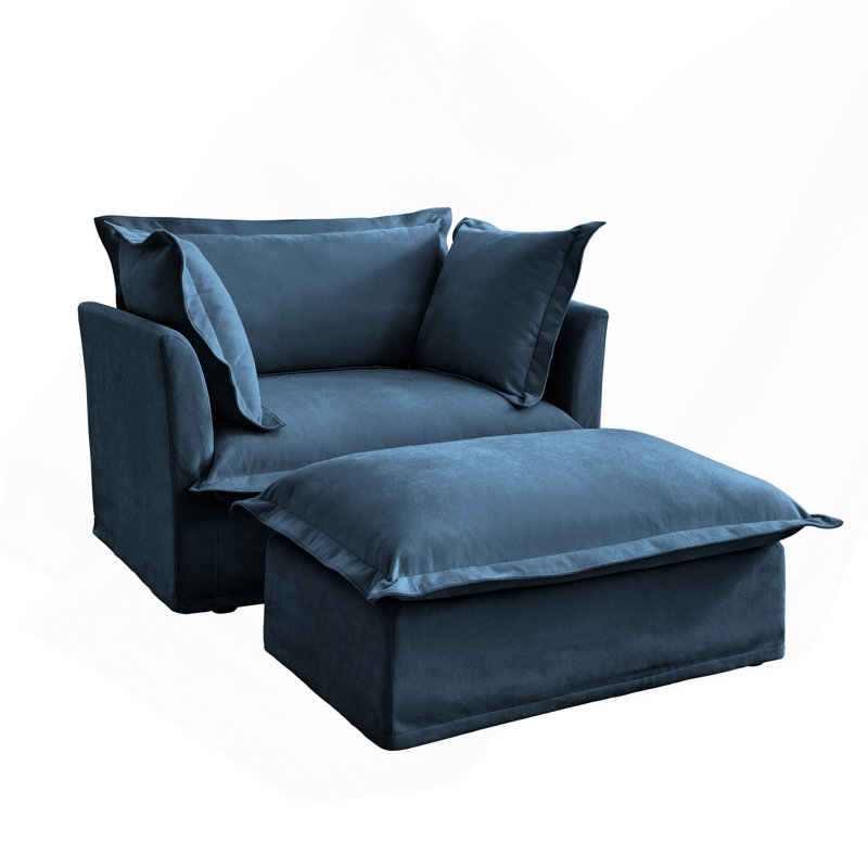 Fauteuil rembourré avec housse avec repose-pieds, Chenille - bleu