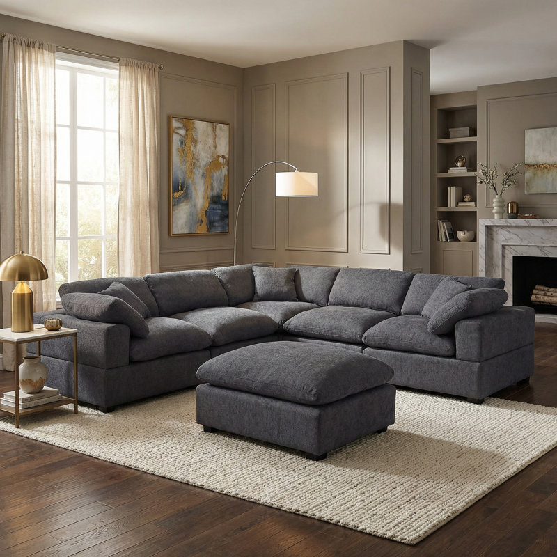 Wartow 6- Piece Upholstered Chenille Corner Sectional Sofa Couch, Dark Grey Chenille
