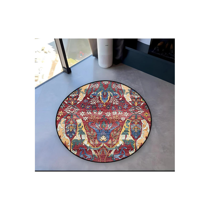 Burdy Theme Floral Traditional Patterned Round Woven Base Vintage Decorative Carpet, Round 3'4"