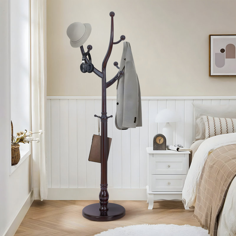 Solid Wood Freestanding 8- Hook Coat Rack, Dark Red