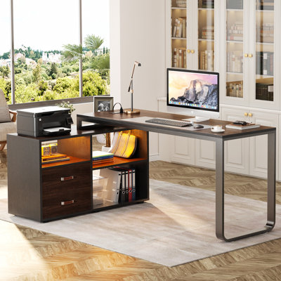  Bureau d'ordinateur en forme de L de 157 cm avec tiroir à dossiers suspendus et éclairage DEL