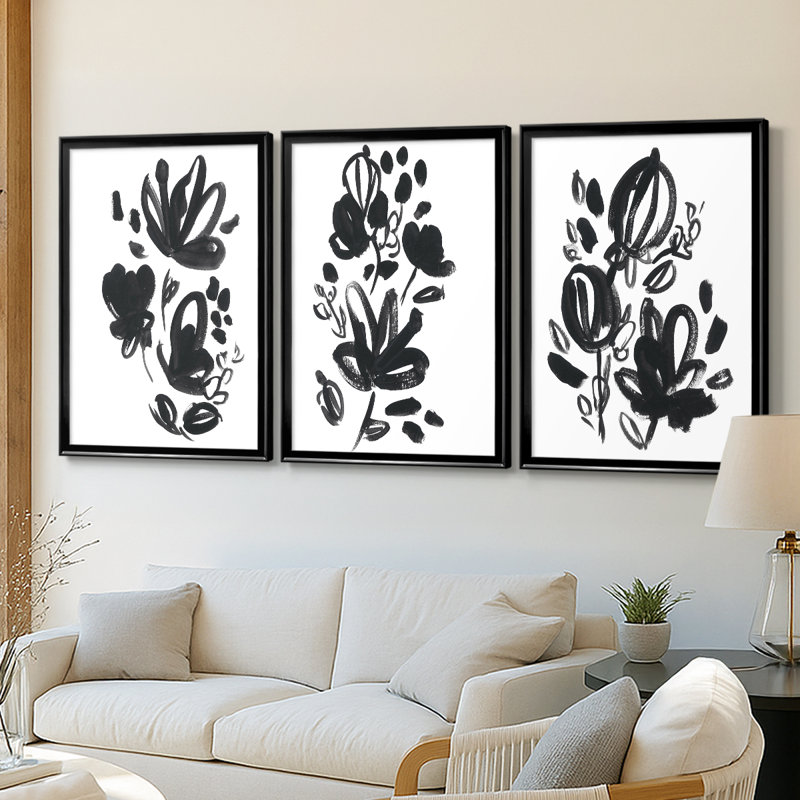 Cameo Bloom IV - Toile tendue avec châssis sur mesure - 3 pièces, H 30 po x l 63 po, Noir, noir, noir, noir